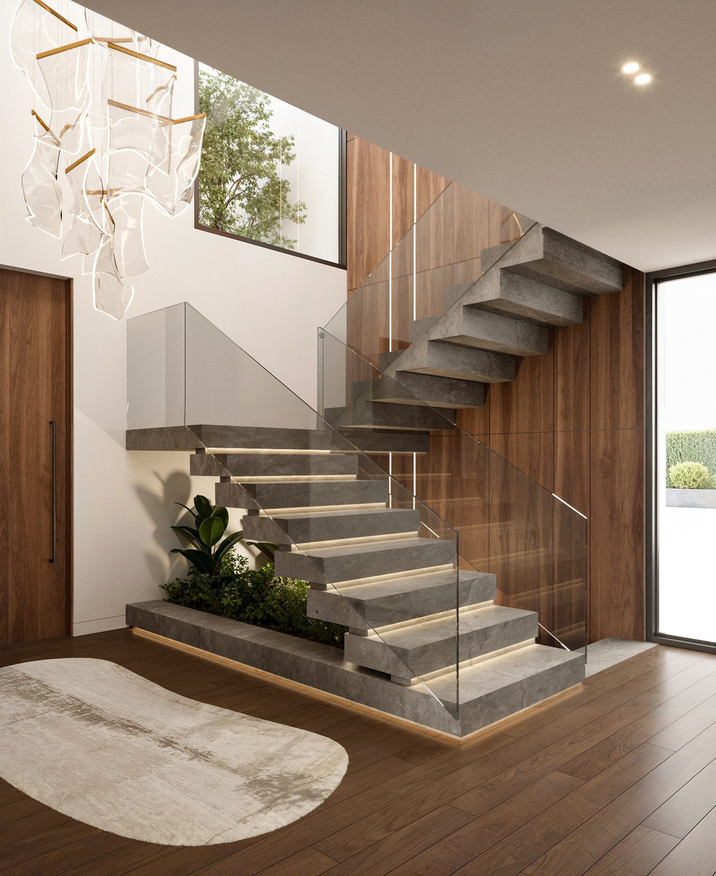 Interior de moradia T4 — escadaria e materiais, São Romão Residence, Leiria