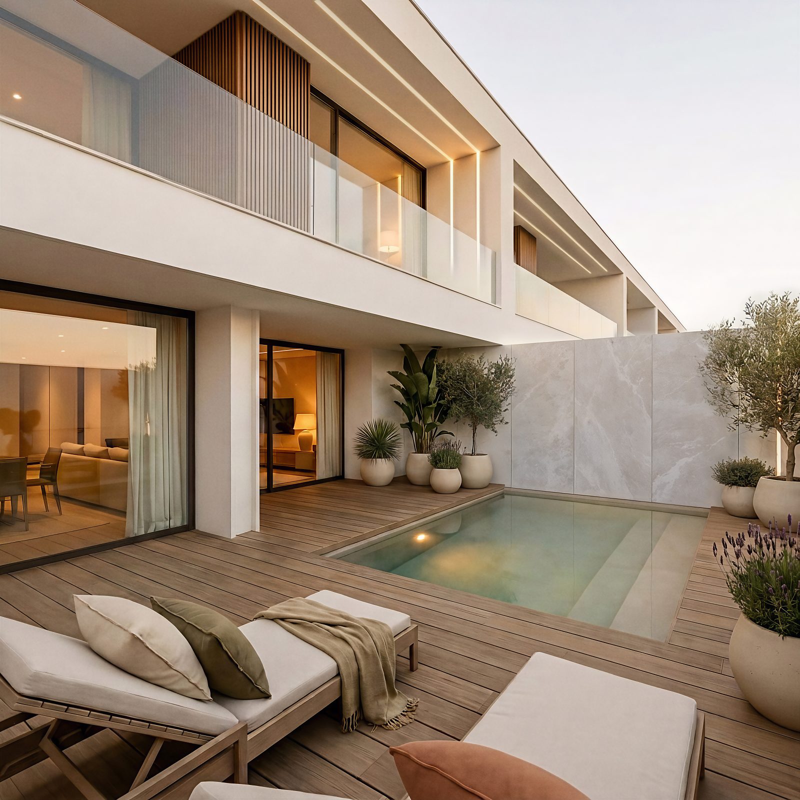 Piscina privativa e terraço ao entardecer — São Romão Residence, Leiria